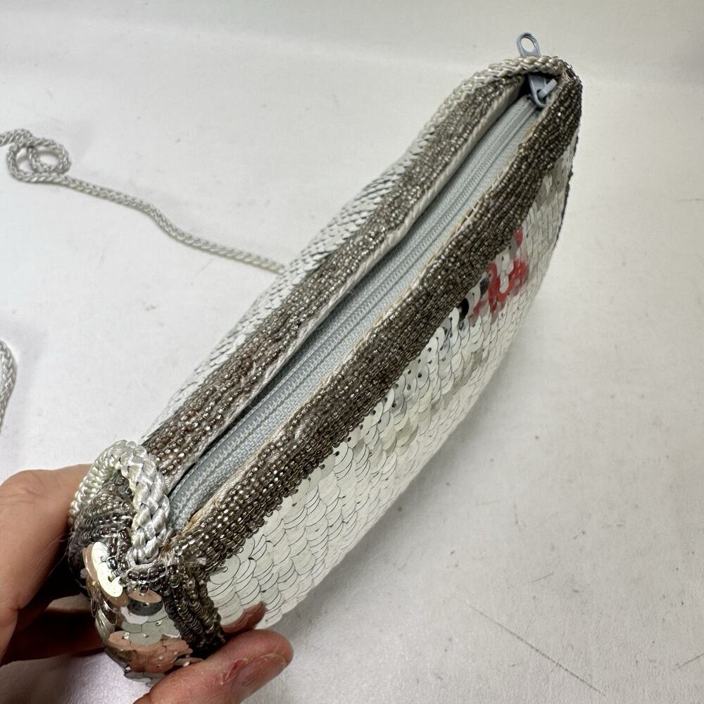 Vintage Dolce By Pierre Sequin Bag Handbag Purse Silver Beaded Edge Purse Lined - Picture 5 of 11